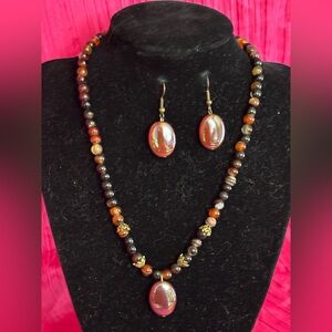 Handmade Carnelian and Agate beaded necklace earring set